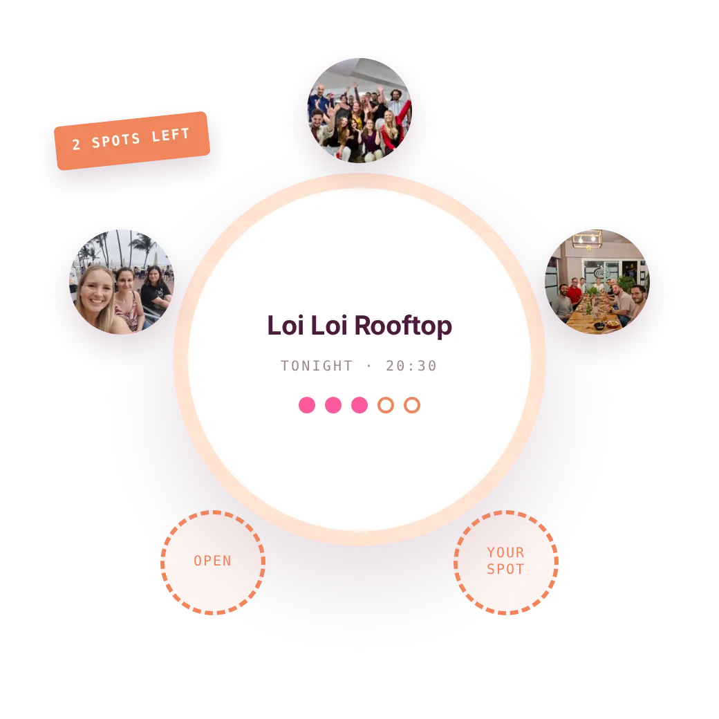 A round table seen from above, laid for five. Three seats are taken by people already going and two are still open, for tonight at Loi Loi Rooftop, 20:30.